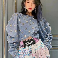 Spring Autumn Women Rivets Long Lantern Sleeve Denim Coat Short Pearls Beading Jeans Bomber Jacket Cowboy Cardigan Tops 2023