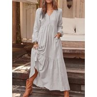 Spring Women's Cotton Linen Retro Casual Loose Long-sleeved Dress Simple Fashion Solid Color V-neck High-waisted Long Skirt