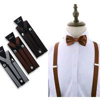 Suspenders Man Bowtie Solid Color Elastic PU Leather Suspenders For Man Belt Adjustable Straps Wedding Bow Tie Accessories Gifts