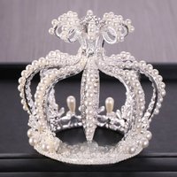 Wedding Crown Silver Color Baroque Rhinestone Crystal Pearl Round Crown Bridal Headdress Princess Birthday Crown Tiara Jewelry