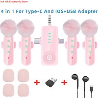 Pink 1 in 4 Lavalier Microphone Noise Cancelling Wireless With Wind Muff Lapel Mic For iPhone Android Camera 4 Pack LED Display