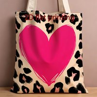 1 Piece Trendy Romantic Style Canvas Shoulder Bag with Pink Hearts and Leopard Print Design, Lightweight Foldable Tote Bag with Fixed Shoulder Strap, Reusable Shopping Bag, Perfect Gift for Commuting,