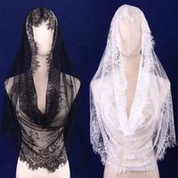 Women's Bridal Muslim Wedding Embroidered Headveil Floral Lace Mantila Catholic Veil Black Church Veil Ivory White Mesh Shawl