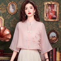 Chinese Style Beading Embroidery Chiffon Shirt Women Tops Blouse Blusas Mujer De Moda 2024 Verano Flare Sleeve Women Shirt H575