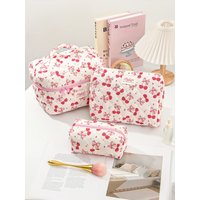 1/3Pcs Cherry & Bow Pattern Makeup Bag Set, Large Capacity Cosmetic Storage Bag, Zipper Makeup Organizer Pouch
