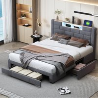 Double bed, Velvet, Gray, Double bed frame, 150x2000 cm, with LED light strip and 4 drawers
