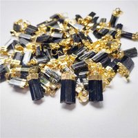 FUWO 1Pc Natural Green Black Tourmaline Pendant,Golden Plated Raw Semi-Precious Stone Accessories For Jewelry Making PD410