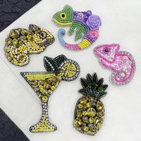 Handmade lizard Rhinestone Beaded Embroidery Patch Juice Goblet Pineapple Badge DIY Brooch Accessories Clothing Sewing Decor