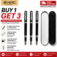 3 Pack Hero High-End Business Fountain Pens, Premium Iridium Nib Classic Silver Trim Glossy Barrel Design, Smooth Professional