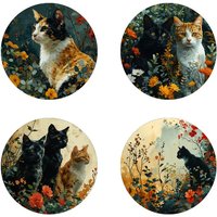 4 cat-printed coasters, suitable for daily family gathering decoration, offices, anti-slip wooden coasters, and festival gifts