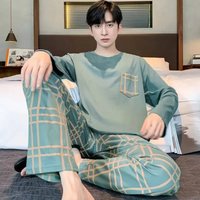Men's Pajamas Set of Spring and Autumn Long-Sleeved Long Trousers Student Sleepwear Homewear Two-Piece O-Neck Top Plaid Trouser