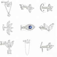 AIDE 1piece 925 Sterling Silver Double-sided Flower Star Zircon Cartilage Piercing Earring for Women Tragus Helix Ear Bone Jewel