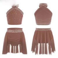 Kids Girls Lyrical Dance Set Modern Contemporary Costume Rhinestones Crop Top with Skirted Leotard Ice Skating Ballet Dancewear