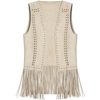 Suedette V-Neck Front-Open Fringe Sleeveless Cardigan Short Hollow Gilet Vest with Rivets for Ladies Dropshipping