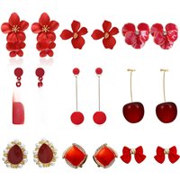 Red Flower Cherry Drop Earrings for Women Enamel Oil Heart Water Droplet Velvet Ball Oval Square C Shape Dangle Earrings Jewelry