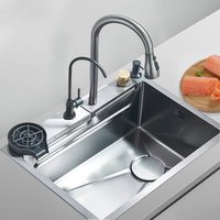 Zlew kuchenny z wodospadem ze stali nierdzewnej 304, duża pojedyncza misa, zintegrowany zestaw z kranem 60x45 cm, z dozownikiem mydła/czystą wodą/myjk