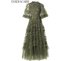 DSXDFACAIRIJ Women's O-Neck Flare Sleeves Embroidery Beading Sequins Summer Vintage Big pendulum Maxi Dresses