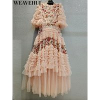 WEAVEHUI Women O-Neck Flare Sleeves Sequins Mesh Tierred Flounced edge Summer Vintage New model Big pendulum Maxi Dresses