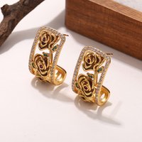 Vintage Rose Floral Pattern Gold Plated Stud Earrings Rhinestone Encrusted Fashion Jewelry for Brides & Gala
