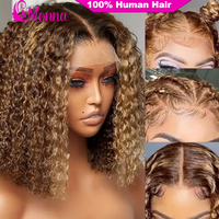 100% Human Hair 13x4 HD Lace Frontal Wig Ombre Brown Curly Hair Short Bob Wig P4/27 Highlight Deep Wave Human Hair Wig For Women