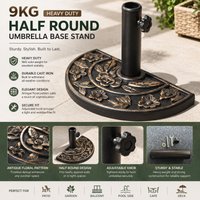 9kg Resin Parasol Base, Half Round Umbrella Stand with Floral Design for Garden, Suitable Umbrella Rod Φ3.8 cm Cast iron effect