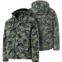 Jagd-Camouflage-Jacke für Herren mit 8 Fächern – 100 % Polyester-Fleece, atmungsaktiver, leichter Mantel mit abnehmbarer Kapuze und Taschen