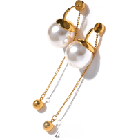 Yhpup Korean Imitation Pearls Chain Long Drop Stainless Steel Earrings Temperament Geometric Fashion Chic Party Jewelry Women
