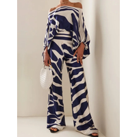 Women's Printed Satin 2-piece Set, Off Shoulder Lantern Sleeve Top, Wide Leg Pants, Elegant Office Shirt Traf Official Store