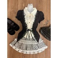 Japanese Sweet Preppy Style Outfits 2 Piece Set Women Vintage Kawaii Lace Patchwork Tops + Y2k Plaid Slim Mini Skirt Female New