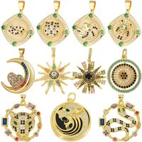 Juya Handmade 18K Real Gold Plated Paved Zircon Leopard Tiger Sun Moon Star Bear Snake Greek Evil Eye Charms Pendant Supplies