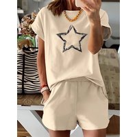 Summer women's fashion creative pentagram pattern printed casual loose round neck short sleeved T-shirt shorts two-piece set