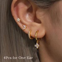 4Pcs Cubic Zirconia Star Flower Piercing Studs Earring Set For Women, 14K Gold Plated Stainless Steel Hoop Cartilage Jewelry