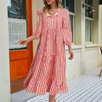 Plus-size Women's Spring/Summer Dress Green Print Long Dress Casual Bohemian Lantern Sleeve Women's Beach Party Dress 2024