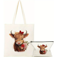 2Pcs Highland Cow Shoulder Bag Set Casual Canvas Tote Cute Aesthetic Handbags with Zipper Makeup Bag Student Friends Decorate