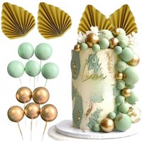 32Pcs Green Gold Balloons Cake Toppers Metal Gold Paper Fan Stands Sage Green Cake Balls for Birthday Cupcake Cake Decor Favor