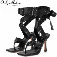 Onlymaker Square Toe Lace-Up Sexy Gladiator Thigh High Studded Wrap Straps Heels Thong Rivet Strappy Thin Heel Fashion Sandals