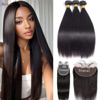 Straight Human Hair 3 Bundles with 13x4 Lace Frontal Brazilian Virgin Straight Hair Bundles with 4x4 Lace Closure Natural Color