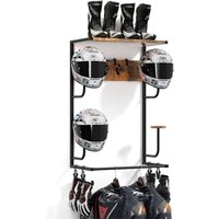 Motorcycle helmet holder, wall mount for helmets with 4 glove clips and hooks, storage for motorcycle helmets, gear, clothing, and accessories, 43x25x82 cm