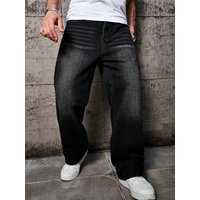 1pc Vintage Style Men's Black Washed Distressed Loose Wide Leg Relaxed Straight Jeans, Perfect Gift for Husband, Boyfriend
