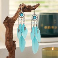 New Vintage Round Rhinestone Feather Earrings for Women Ethnic Elegant Long Drop Earring Wedding Vacation Female Jewelry