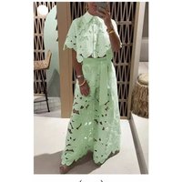 Autumn Fashion Lace Two Piece Set Women Casual Solid Lace Top Wide Leg Pants Set