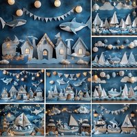 LS Photography Background Baby Shower Birthday Kids Portrait Backdrop Photo Ocean Theme Great White Shark Whale Glitter Decor