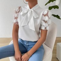 Women Shirt With Tied Bow Neckline Solid Blouse Elegant Mesh Jacquard Women's Shirts White Office Short Sleeve Top Femme