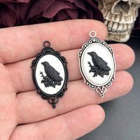 4pcs Gothic Black Crow Silver Plated Framed, Raven Relief Charms Halloween Witch Pendant Fit Jewelry Making DIY Jewelry Finding