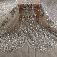 HelluyerDC Silver on ivory tulle beading lace fabric,125cm width lace for fashion,wedding,evening,dance gown by the yard