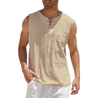 Men's Casual Shirts Leeveless Vest Bandage Lace Up Blouse Retro V Neck Fashion Loose Shirt Male Solid Color Clothes