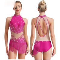 Womens Tassel Leotard Dress Halter Fringe Rhinestone Tango Latin Jazz Costume Gymnastic Figure Skating Competition Dancewear