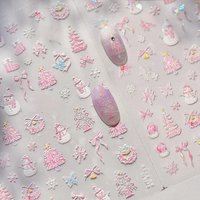 Pink Snowman Fireworks Christmas Tree Bowknot Bell Feather Star Adhesive Nail Art Stickers Snowflake Rhinestone Manicure Decals