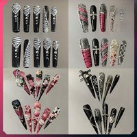 10Pcs Spice Girl Long Stiletto Coffin Handmade Full Cover Nails Sanrio Kt Glitter Diamond Metal Chain Flowers Wearable Fake Nail