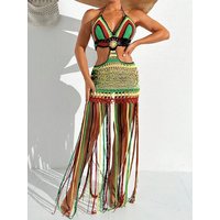 Women Summer Crochet Halter Deep V Neck Cover Ups Multicolor Swimsuit Long Tassel Bikini Knit Dress Cover-Ups Backless Beachwear